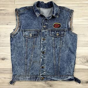 Vintage 80s Roots‎ Denim Cutoff Vest STP Racing Patch Fits Men's Medium Biker